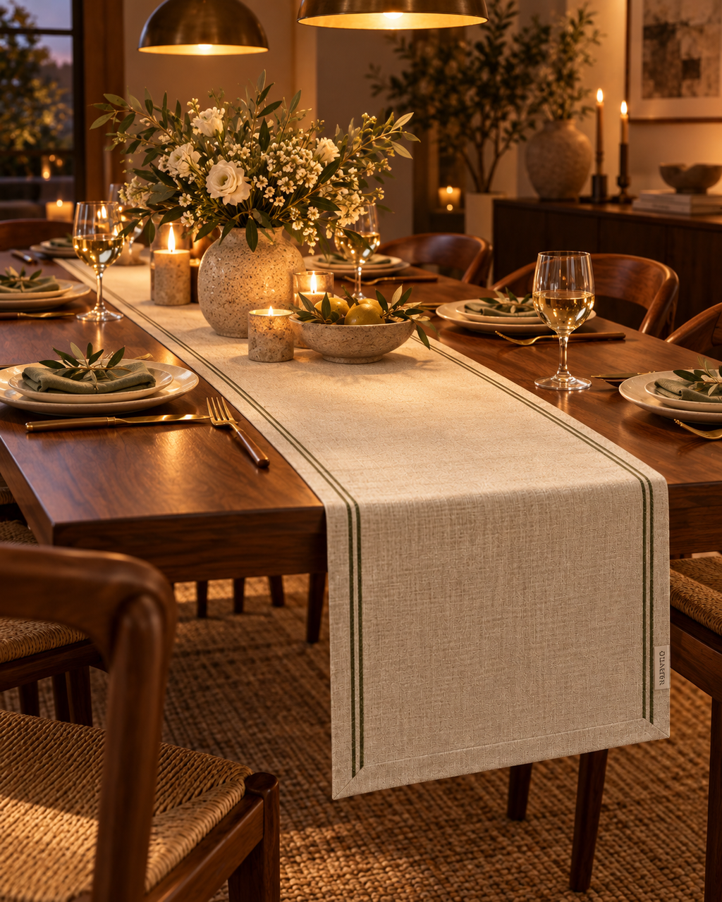 QORVETR Olive Line Linen Table Runner