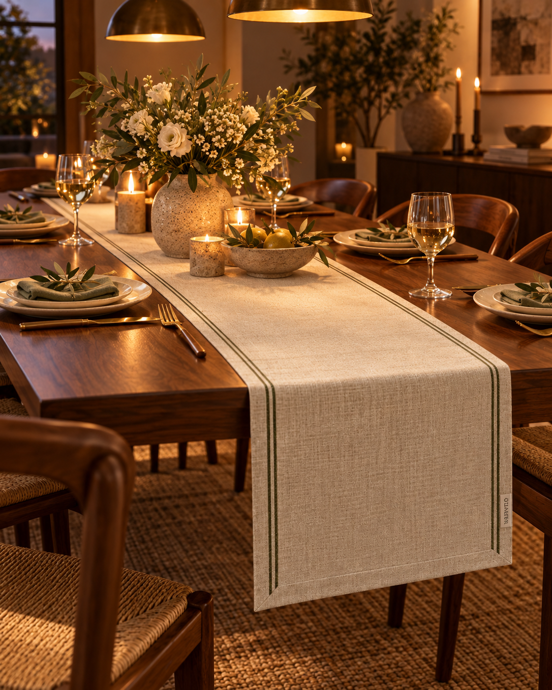 QORVETR Olive Line Linen Table Runner